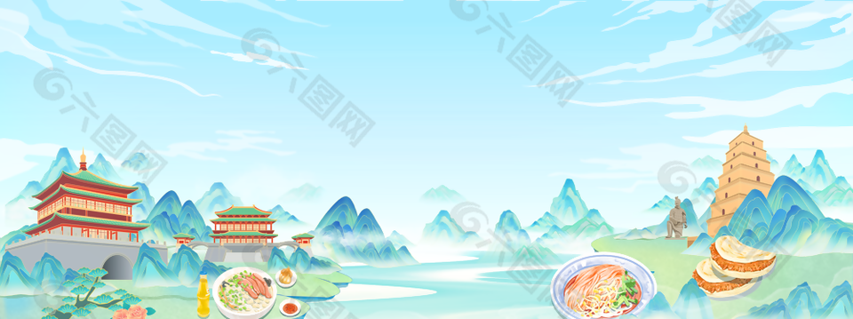 中国风非遗主题手绘绿水青山背景