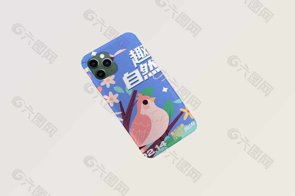 蓝色清新花鸟图手机壳样机设计