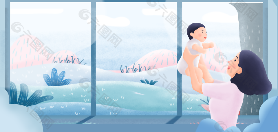 蓝色室内母婴温馨主题插画