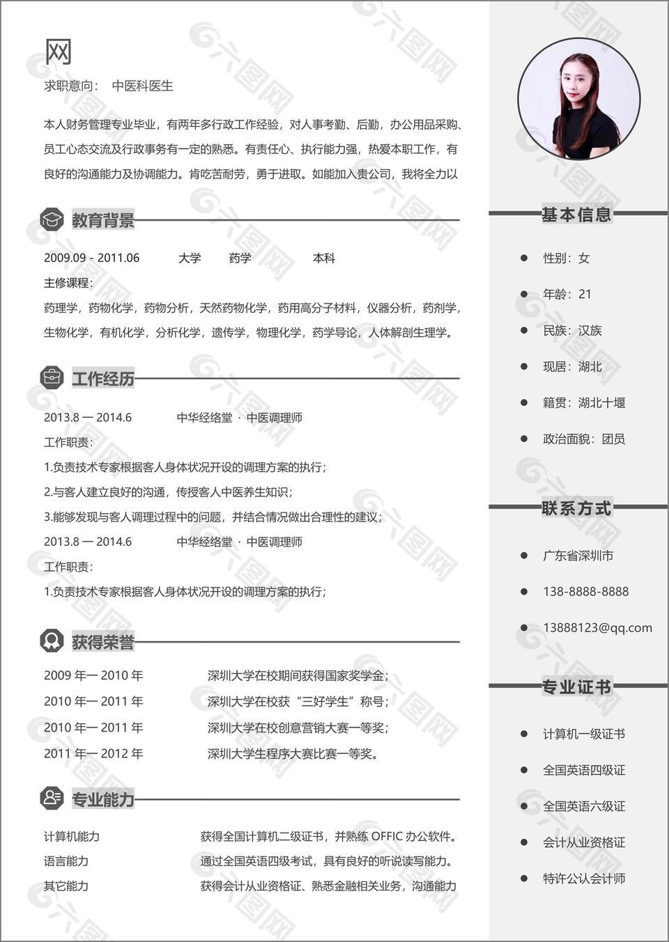 通用简约中医科医生个人简历目吧标