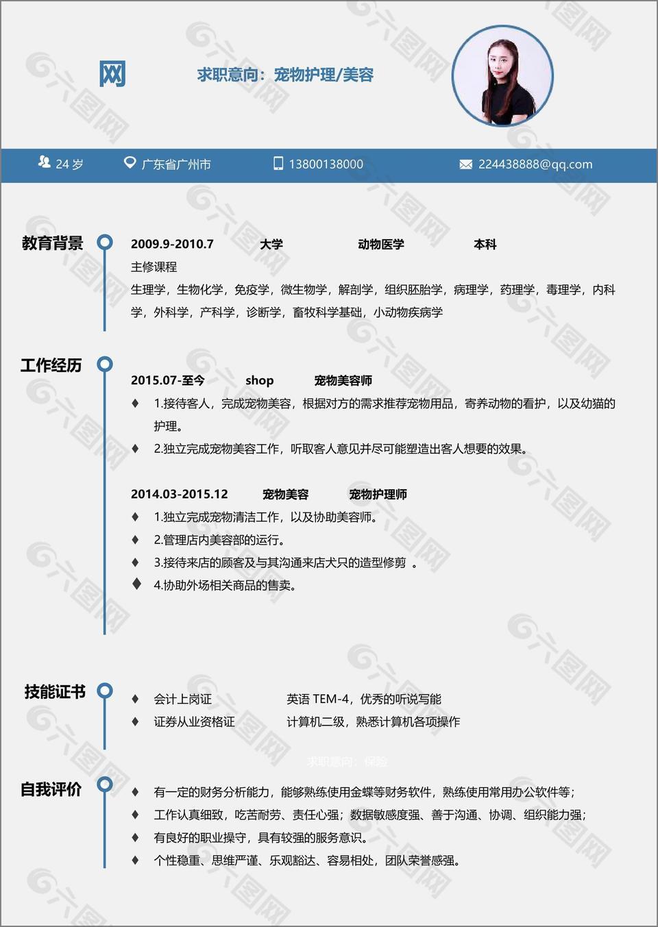 宠物护理美容个人简历模板简历案例