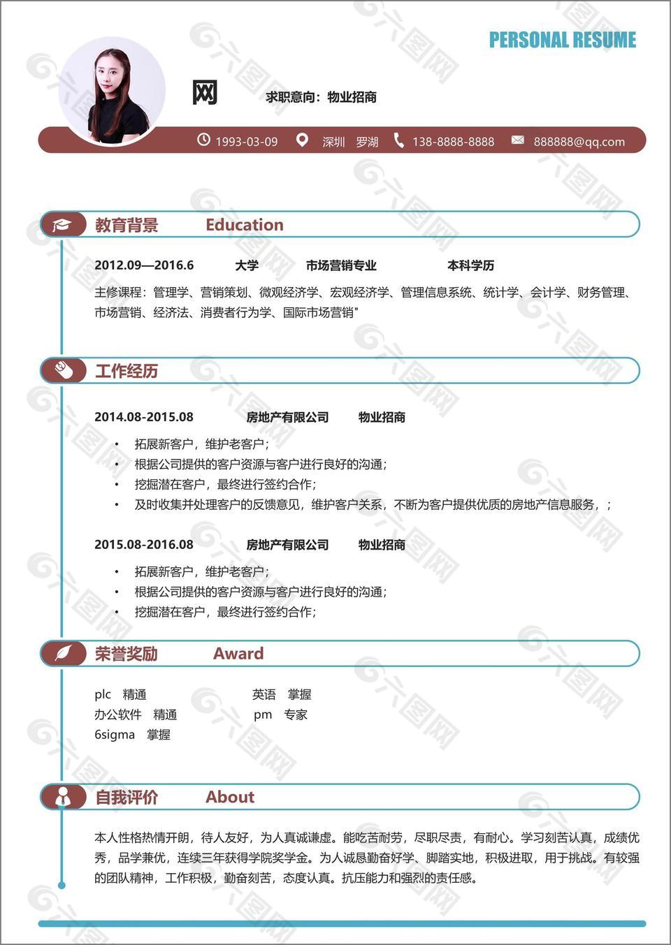 物业招商电子简历表含自我评价可编辑