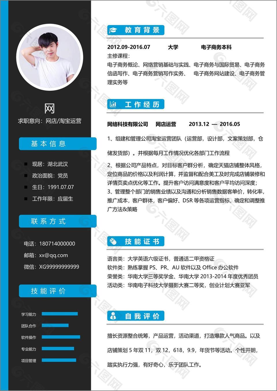 个人简历表下载求职意向网店淘宝运营
