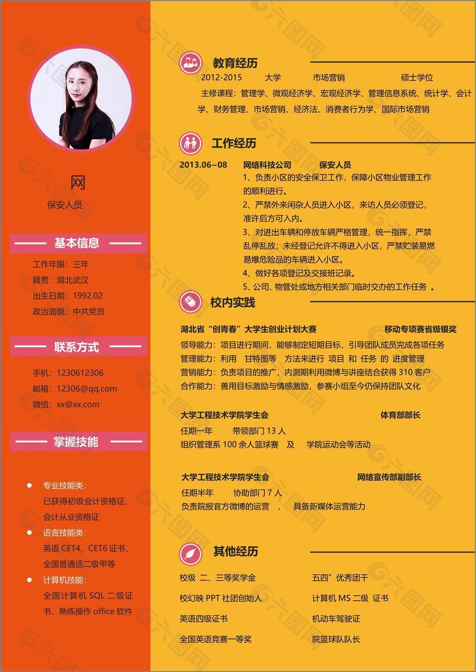 余曦文保安人员应届毕业生个人简历模板