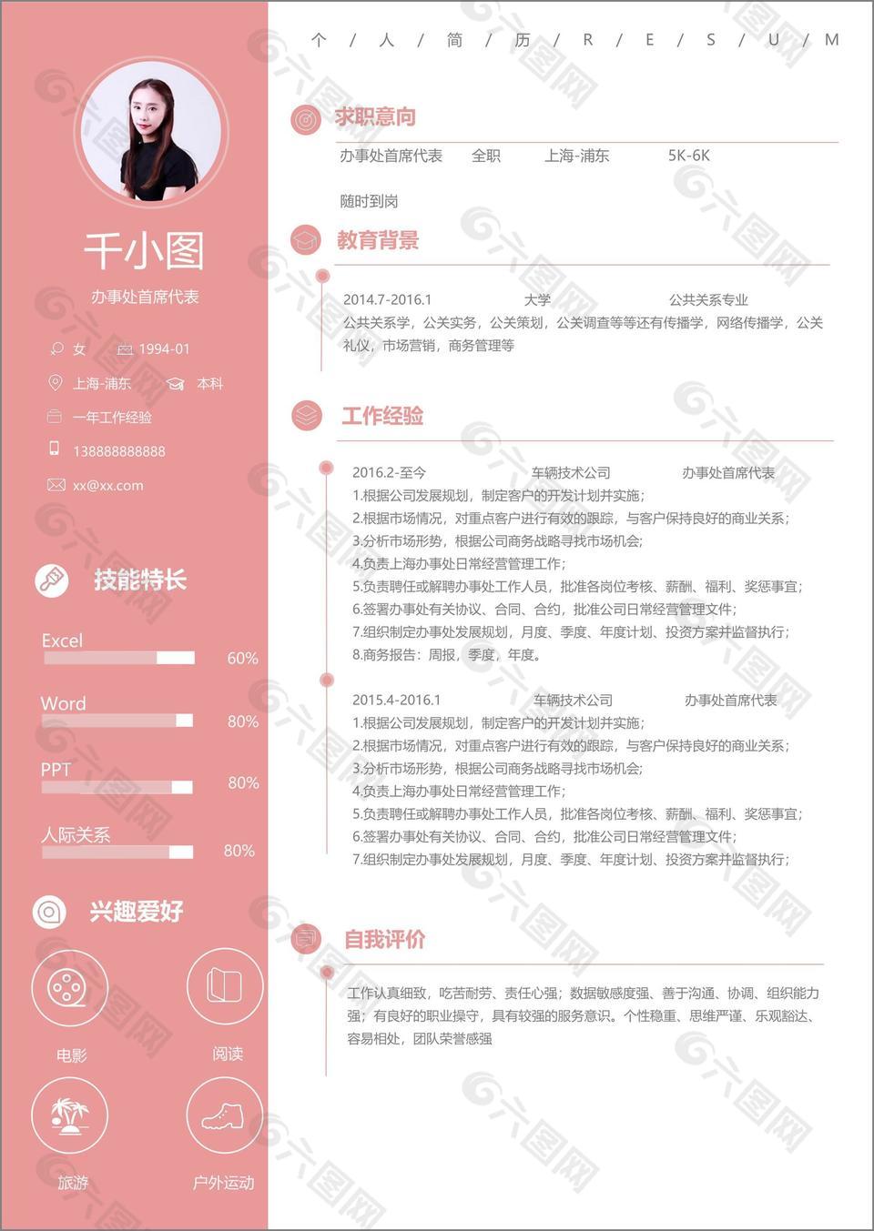 办事处首席代表个人简历模板