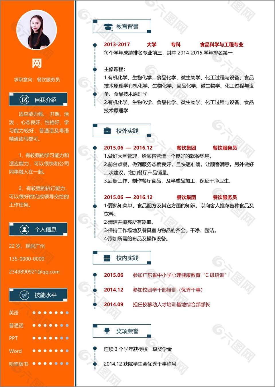 夏永凤餐饮服务员个人简历模板