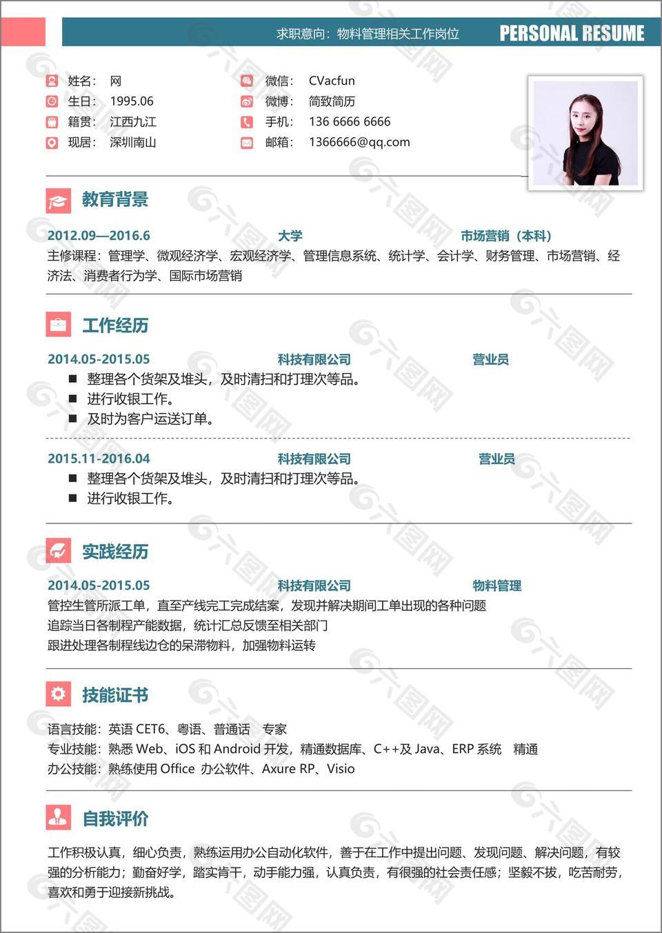 营业员简历含个人简介