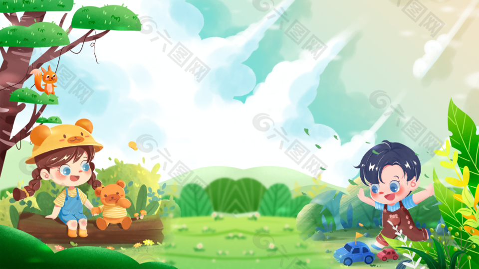 春日户外场景绿色卡通人物插画