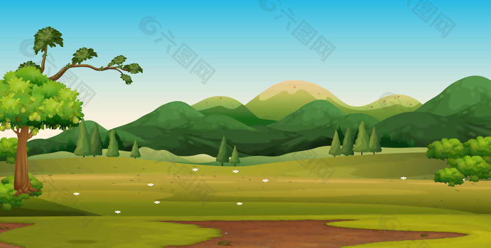 趣味卡通手绘绿色森林主题风景插画
