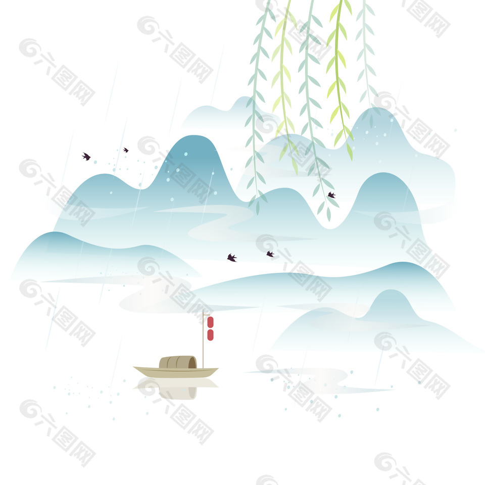 水墨中国风手绘山川湖泊主题插画
