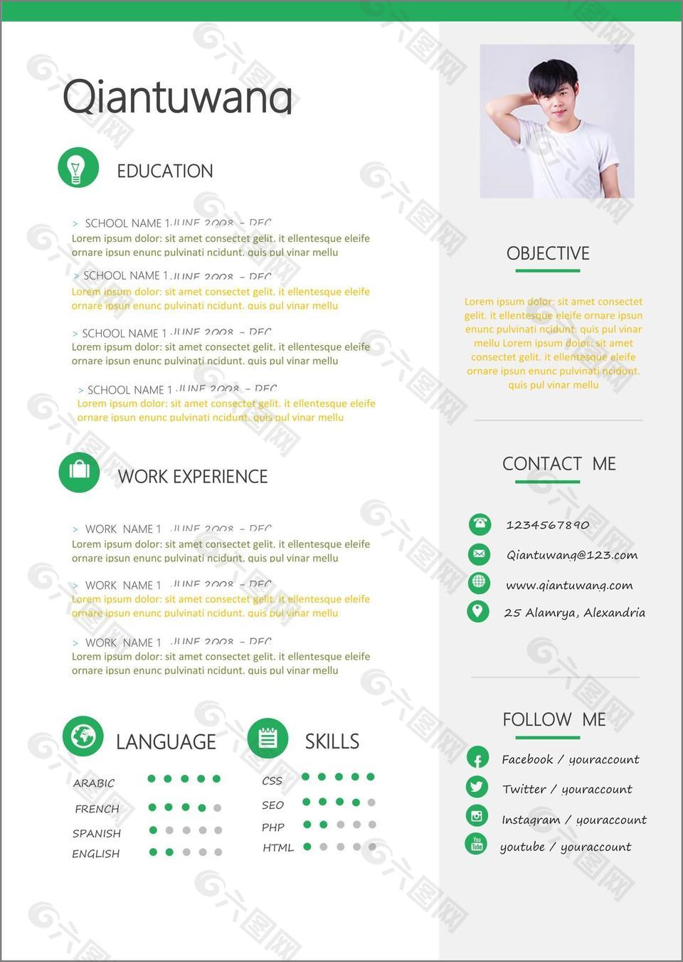 冯倩倩英文简历自我介绍