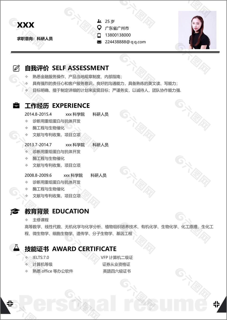 科研人员个人简历模版