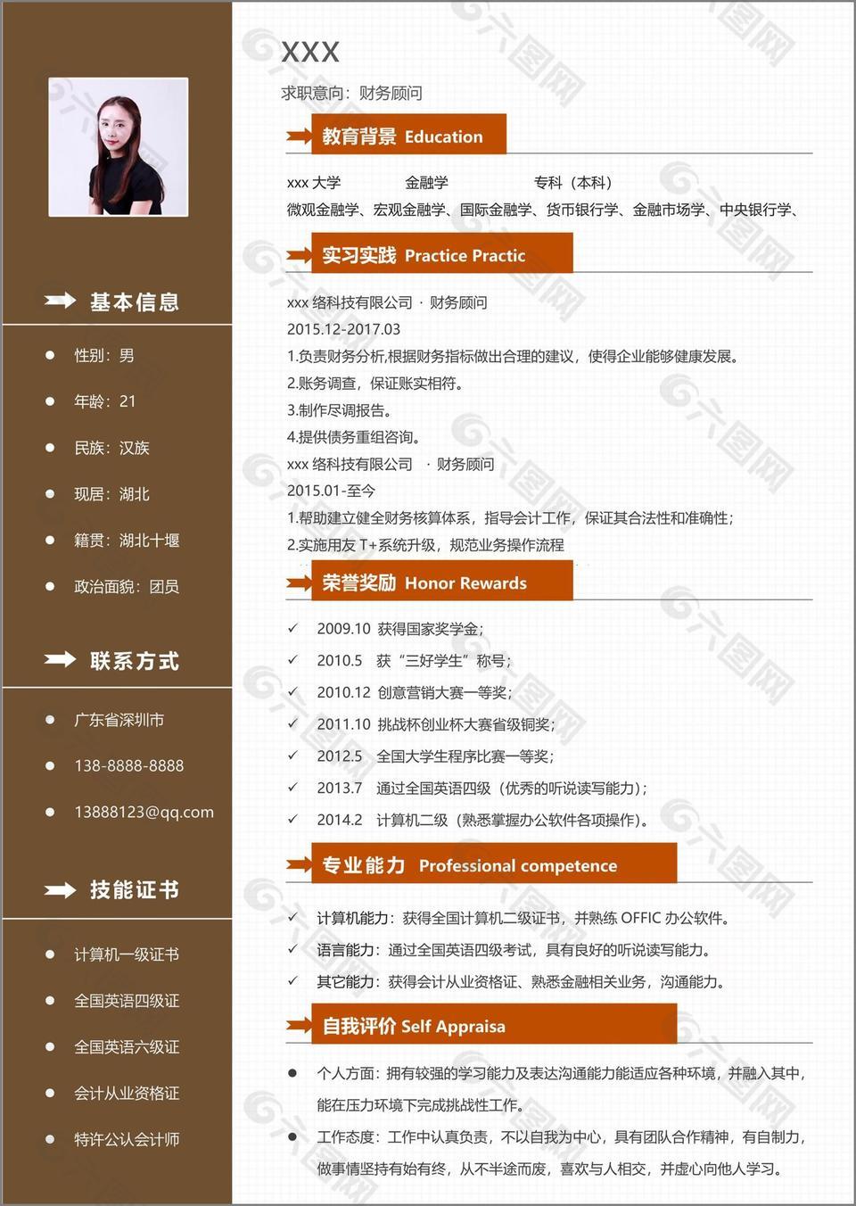 戴玲财务顾问简历范文表格