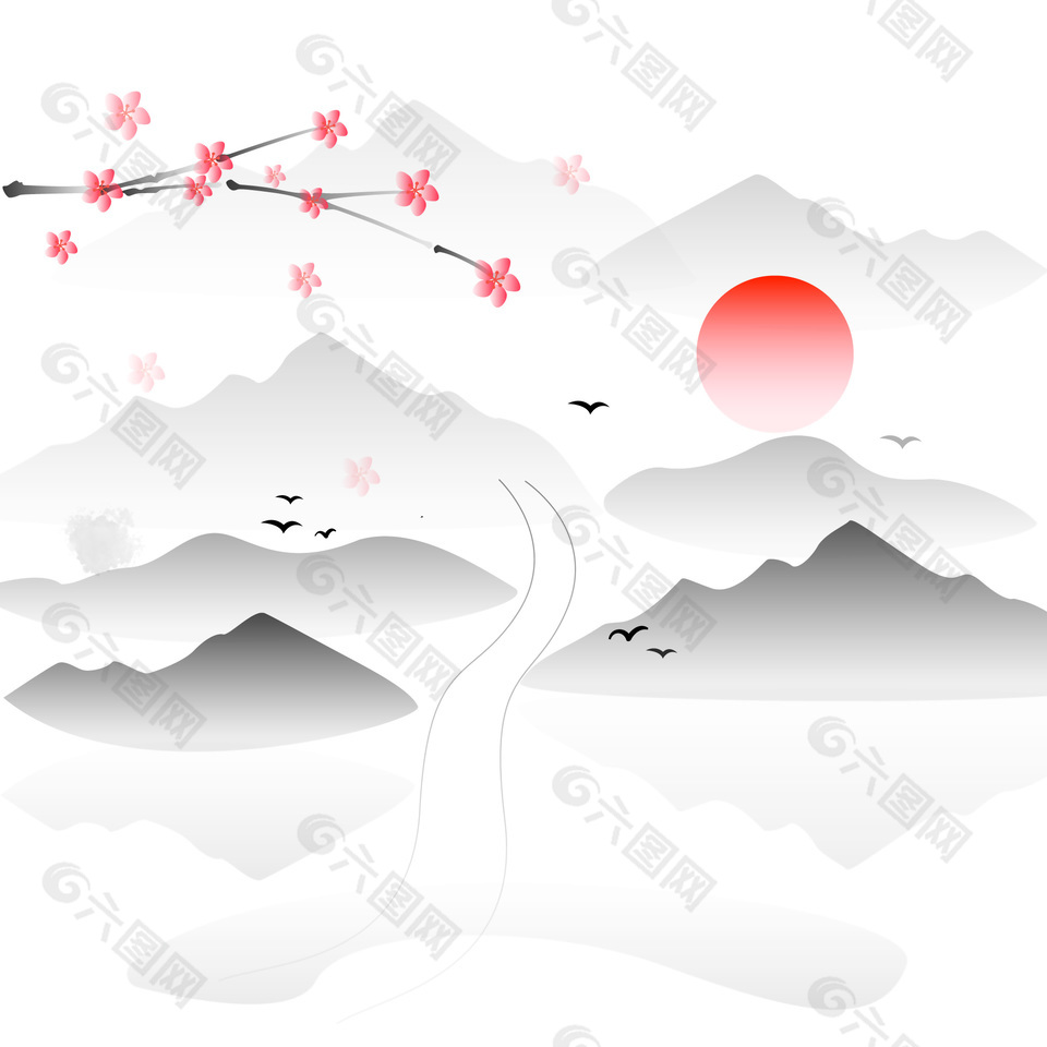 水墨风山水红日花朵装饰简约图案