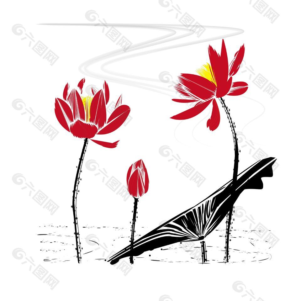 水墨风国画池中荷花手绘插画