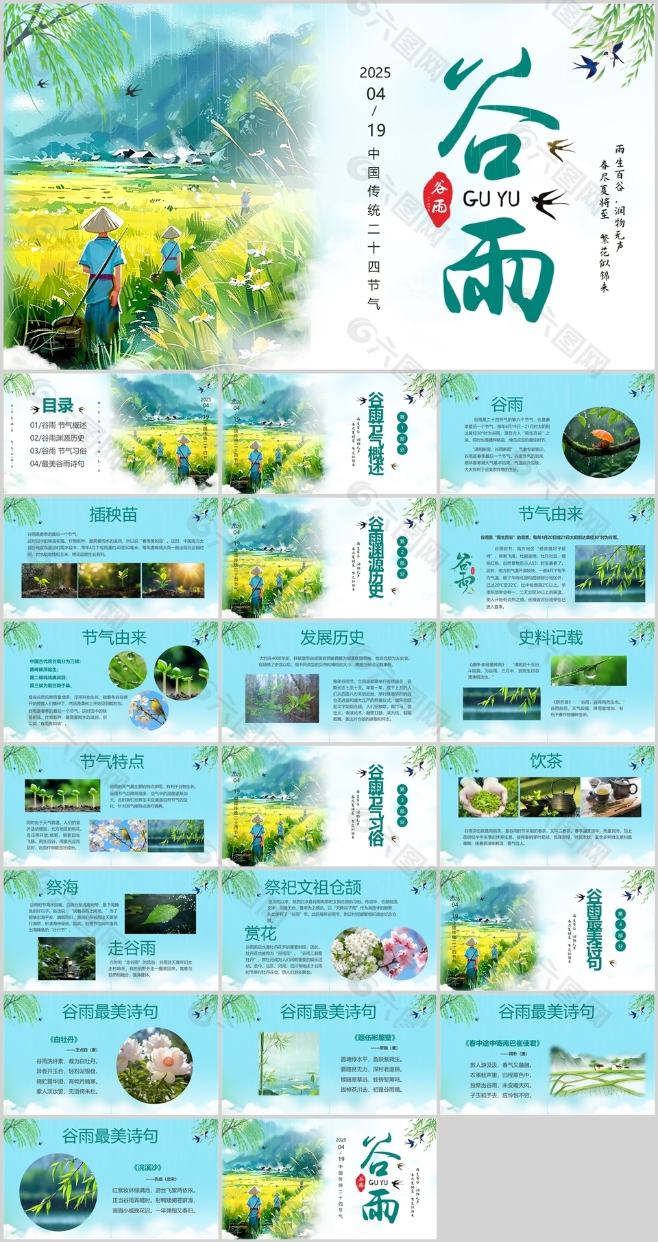 绿色插画风传统节气谷雨宣传介绍