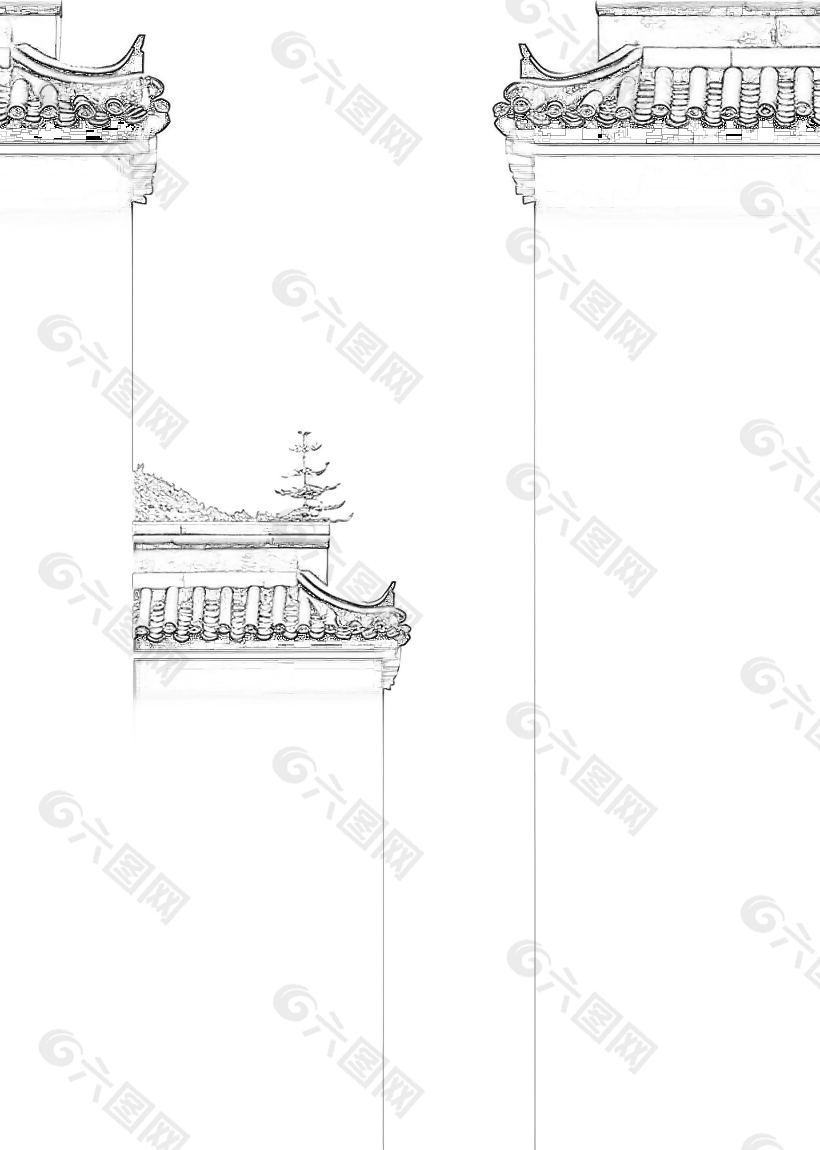 中式江南建筑黑白简约线条画