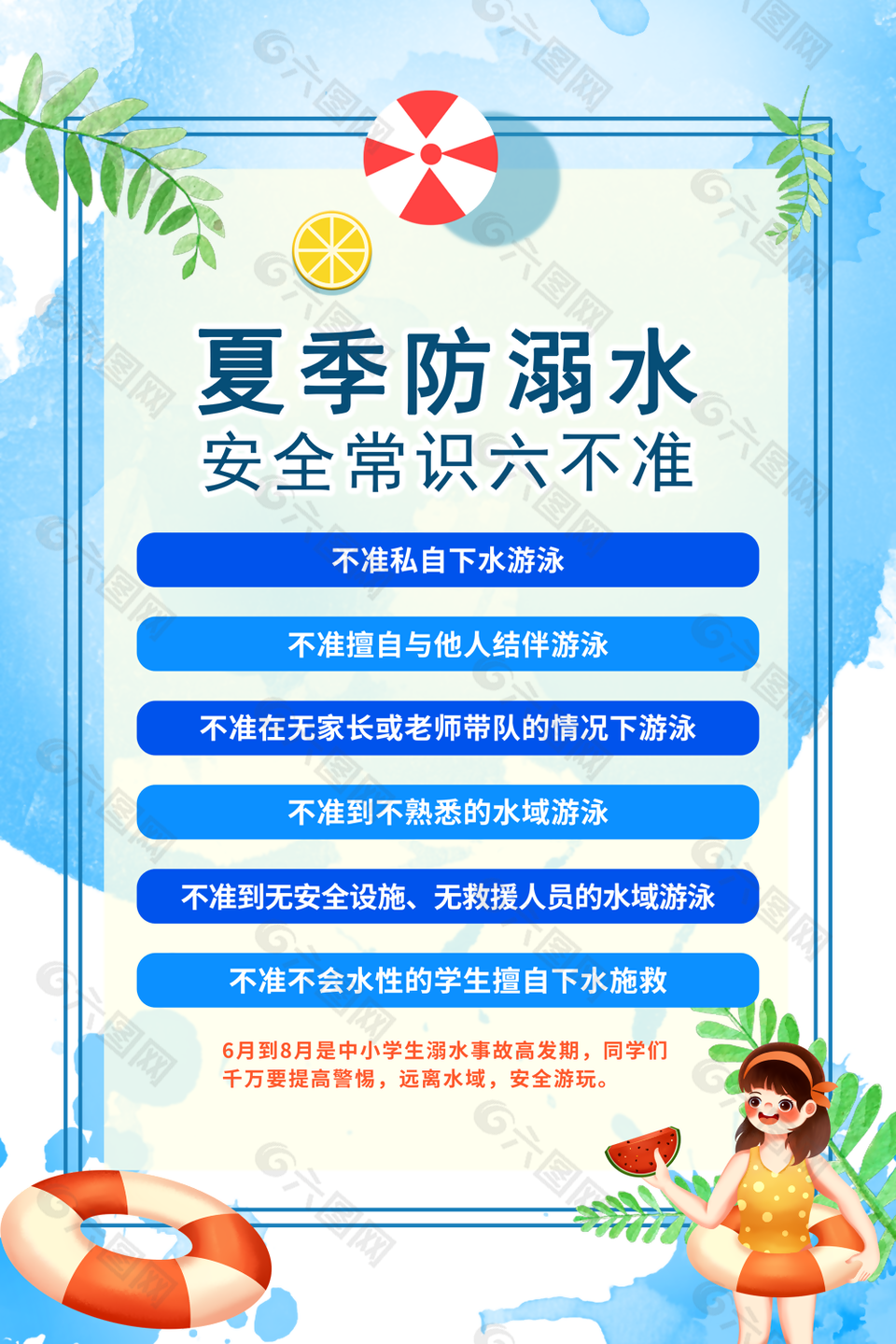 夏季防溺水蓝色卡通科普常识海报