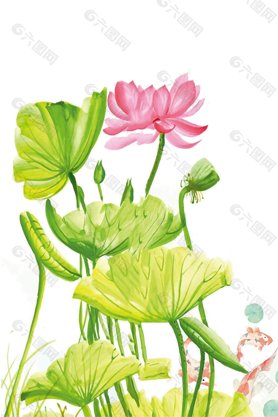 水粉画风美丽荷花矢量插画