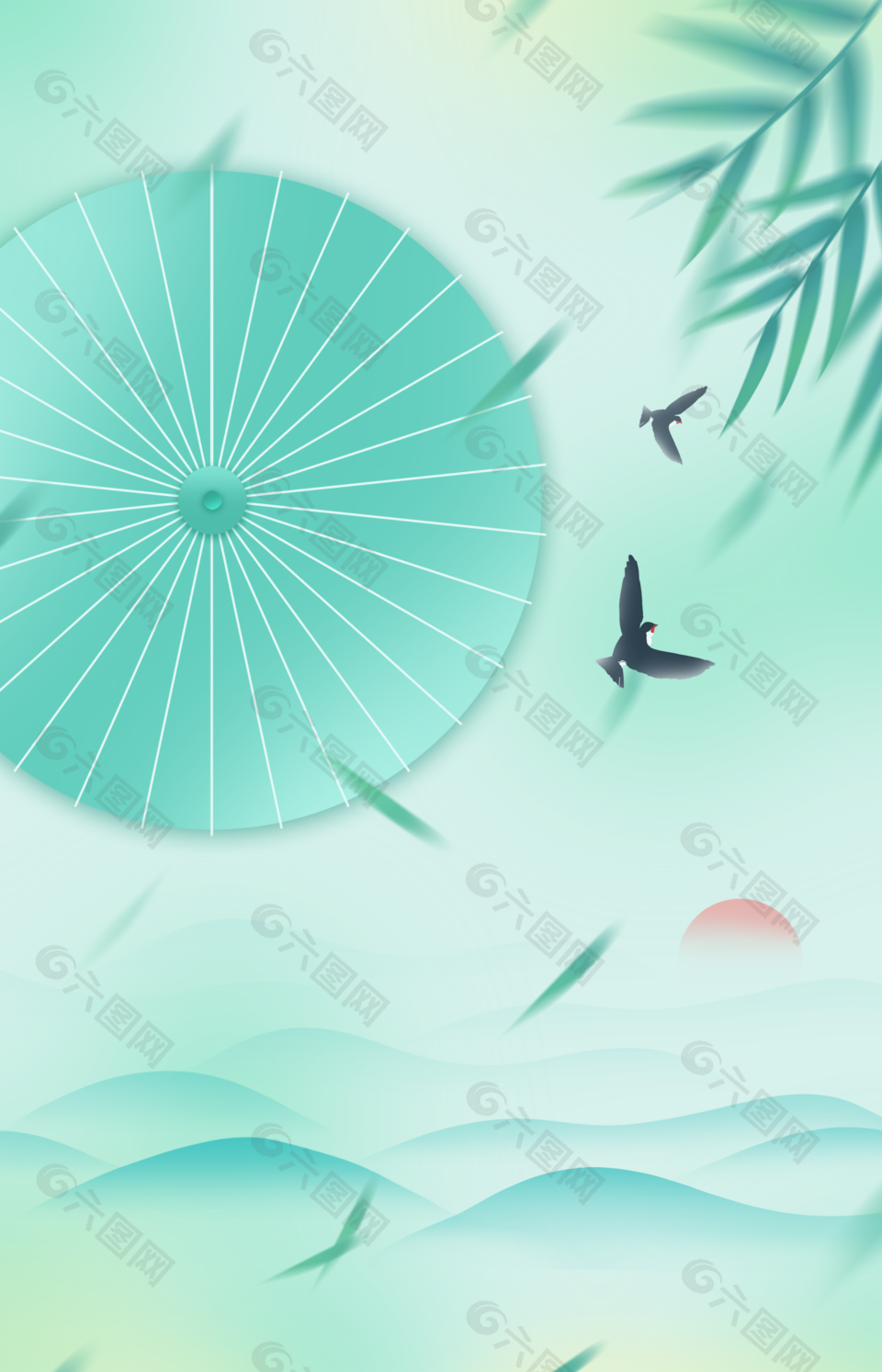 古典素雅青绿色节气主题H5背景图