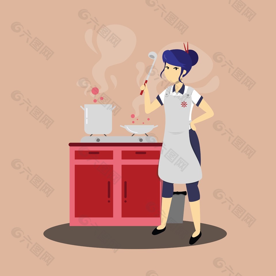 可爱女孩居家做饭场景插画