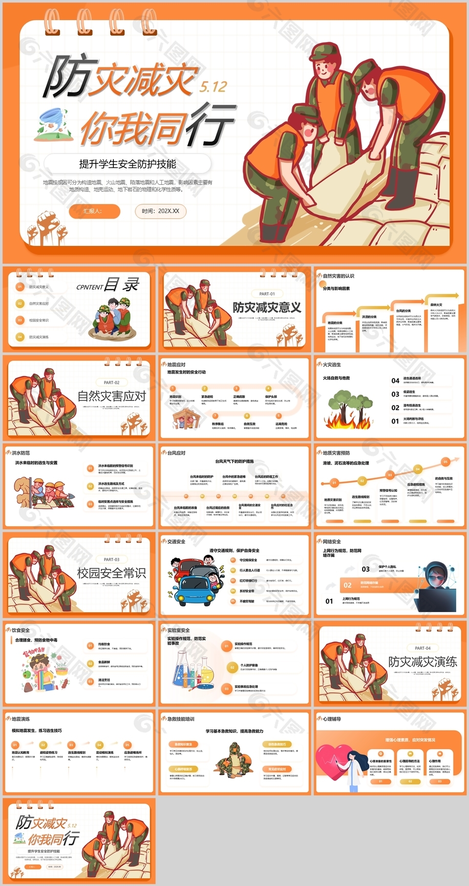 橙色手绘风防灾减灾你我同行安全防护课件