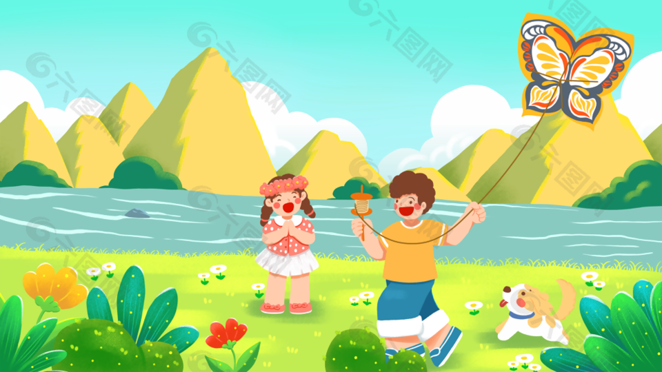 绿色春日放风筝童趣场景插画