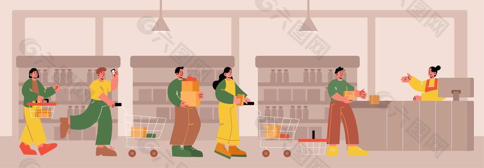 超市购物排队结账场景创意扁平插画
