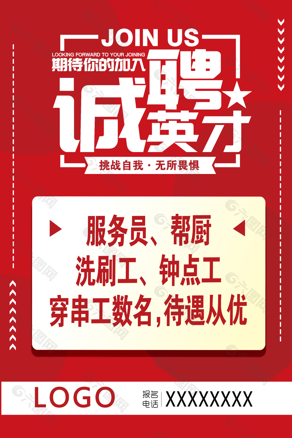挑战自我无所畏惧红色简约饭店招聘海报