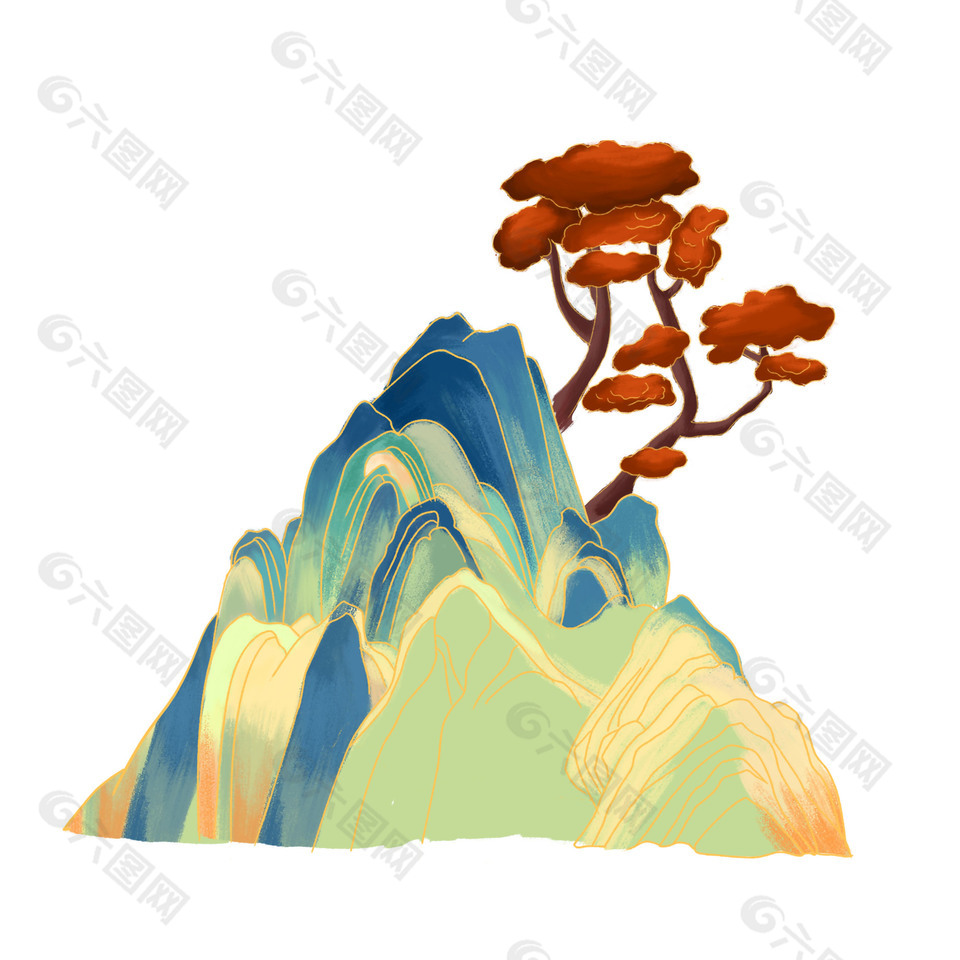 国风山峦孤松景致插画设计