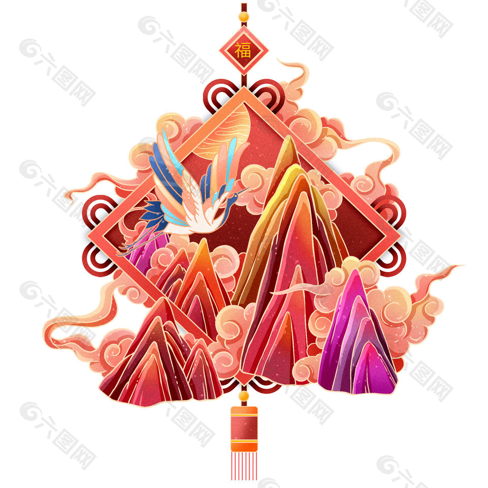 国潮风山水仙鹤福运图