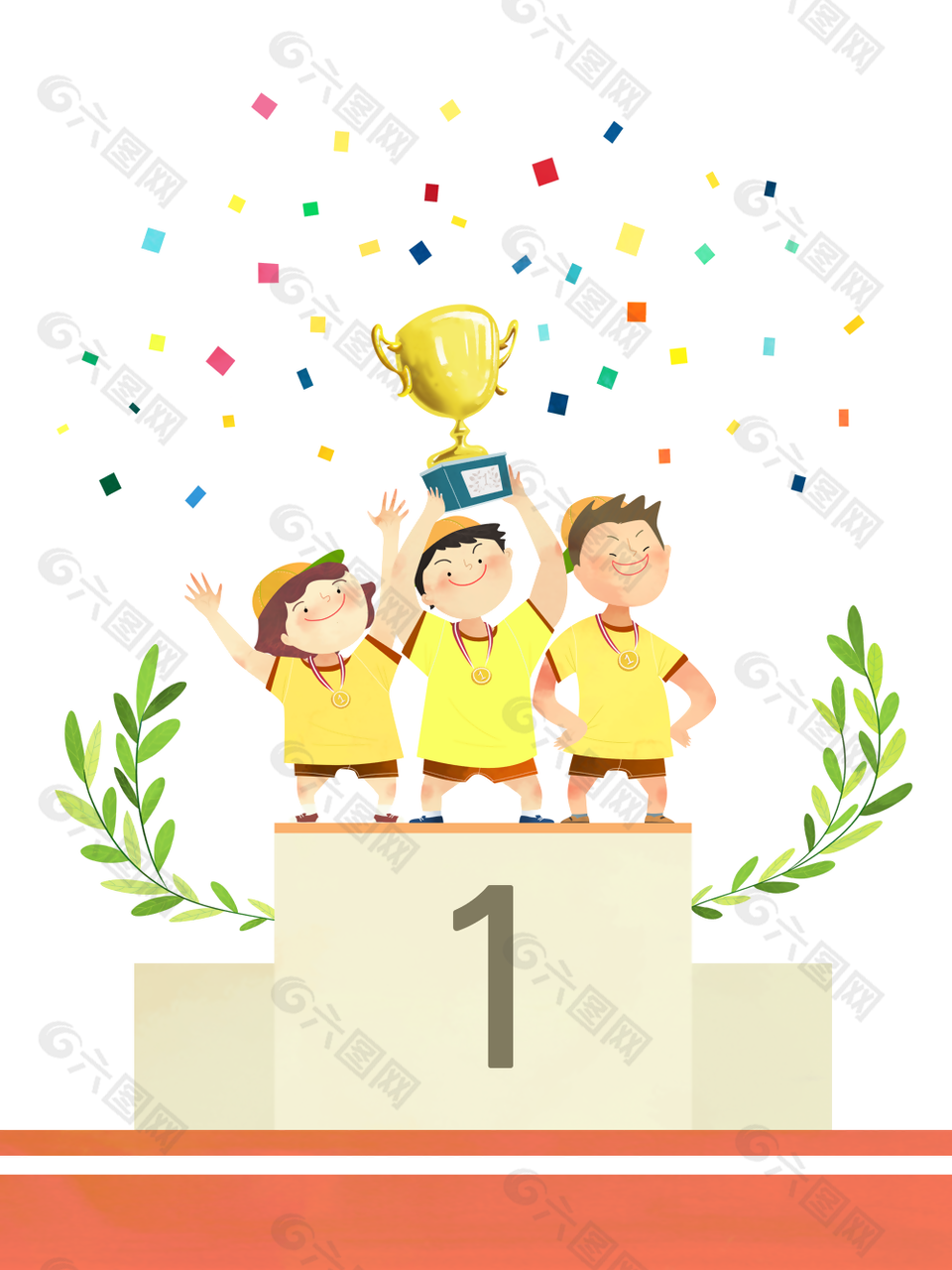 儿童领奖台领冠军奖杯插画设计