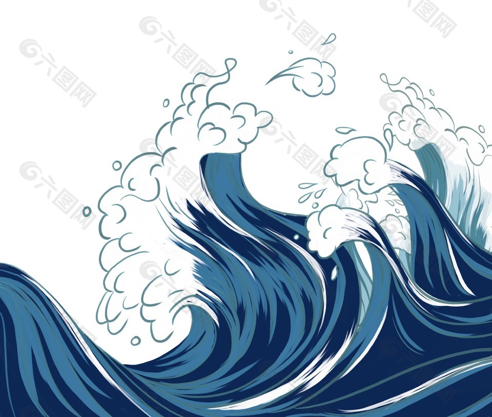 古典深邃海洋蓝海浪图案