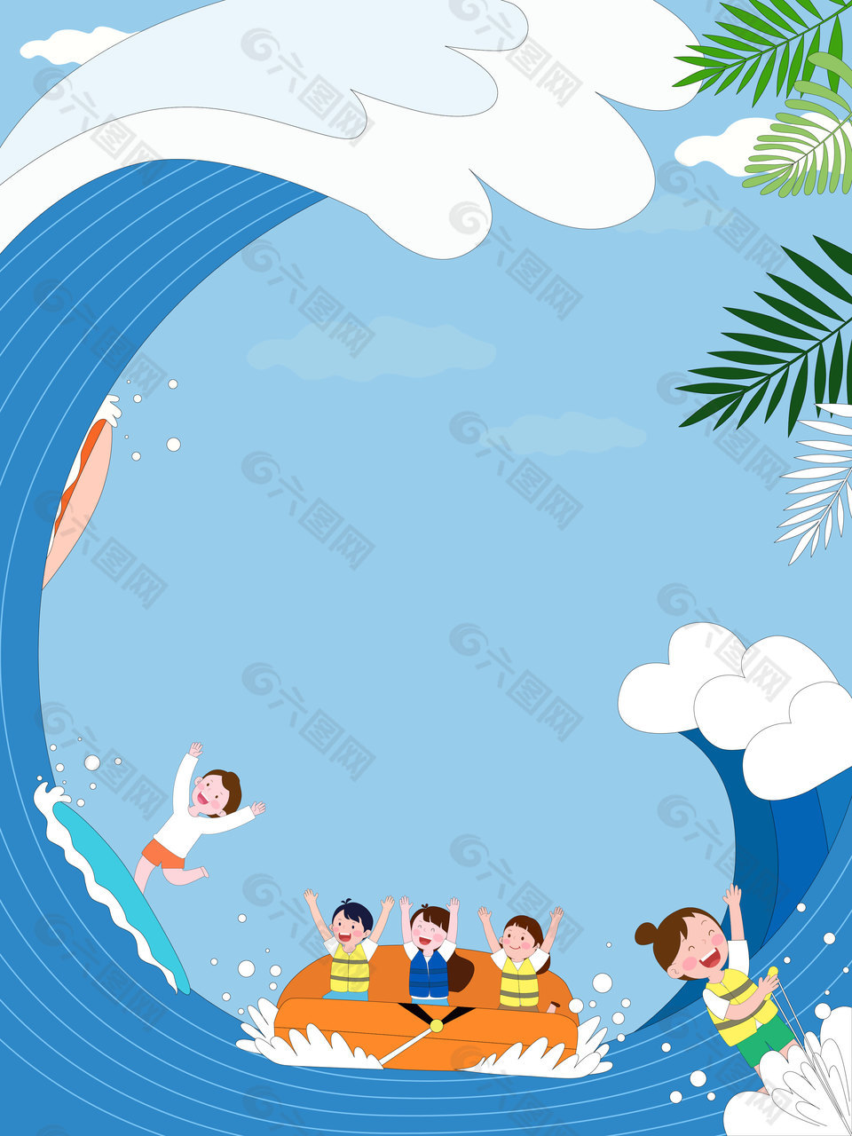 海边玩耍尾波冲浪场景插画