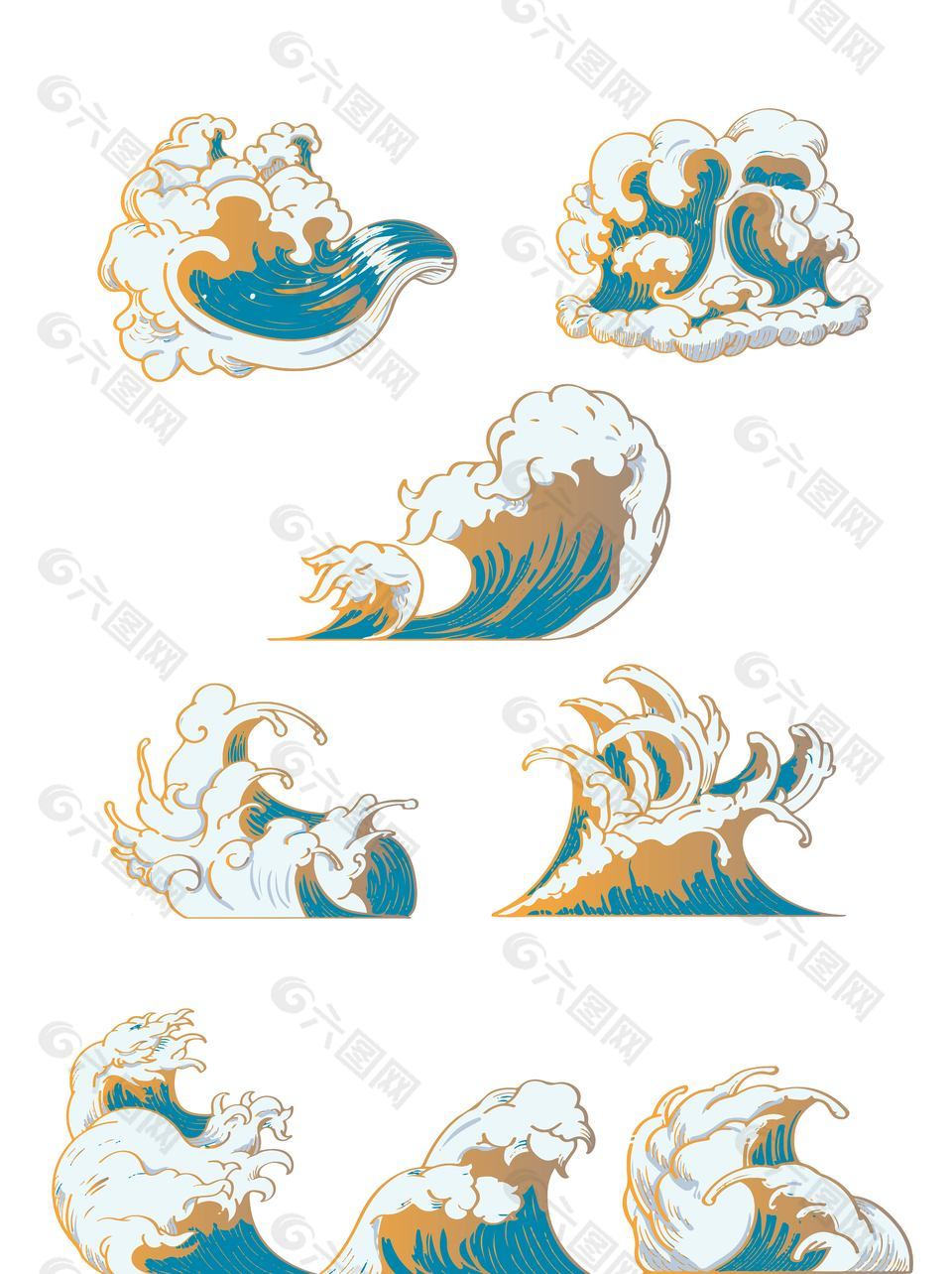 创意国潮风手绘海浪插画