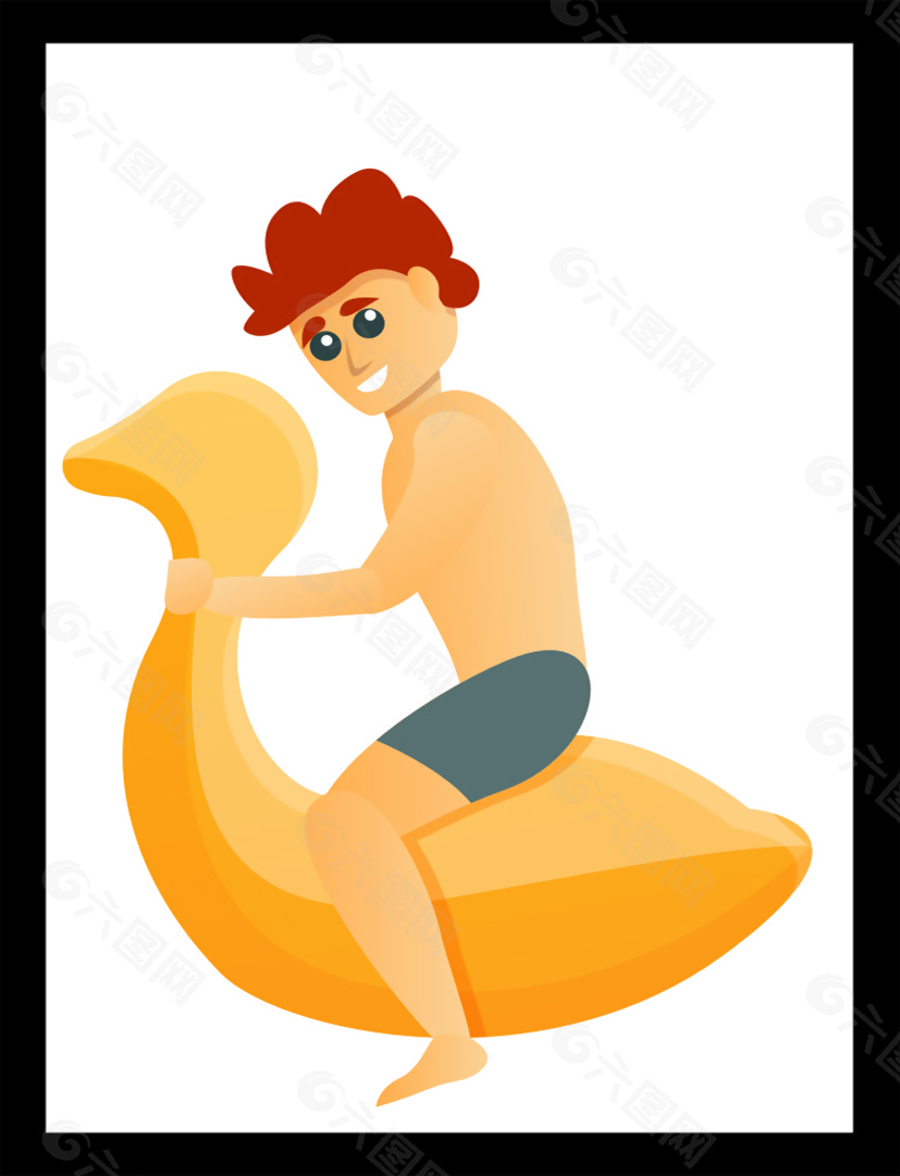 红发男孩骑着鸭子游泳圈卡通造型插画