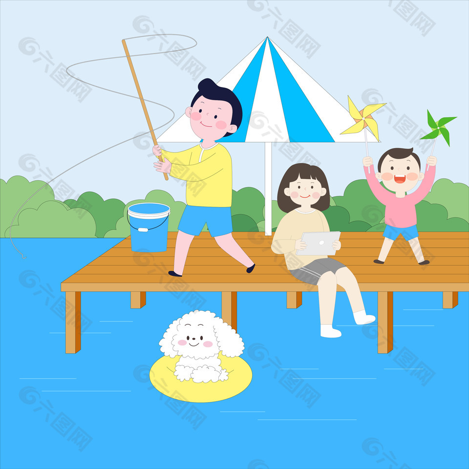 湖边钓鱼玩耍手绘卡通插画