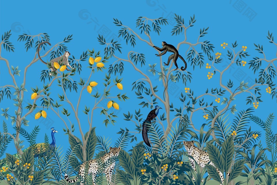 月夜热带雨林风景插画