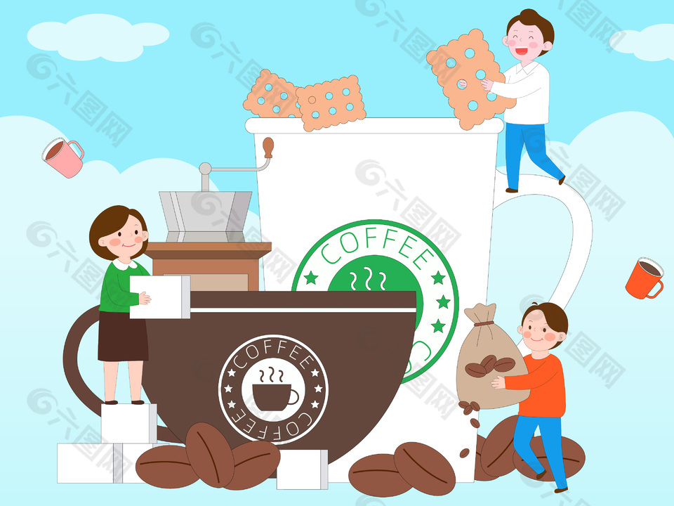 趣味卡通手冲咖啡饮品插画