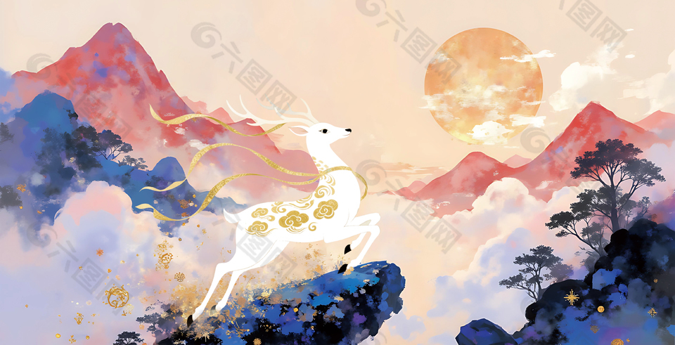 中国山水画九色鹿神话故事背景