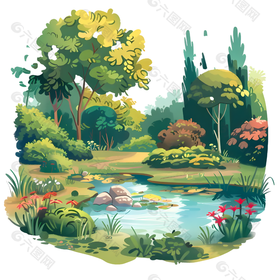 卡通插画风森林树木植物插画