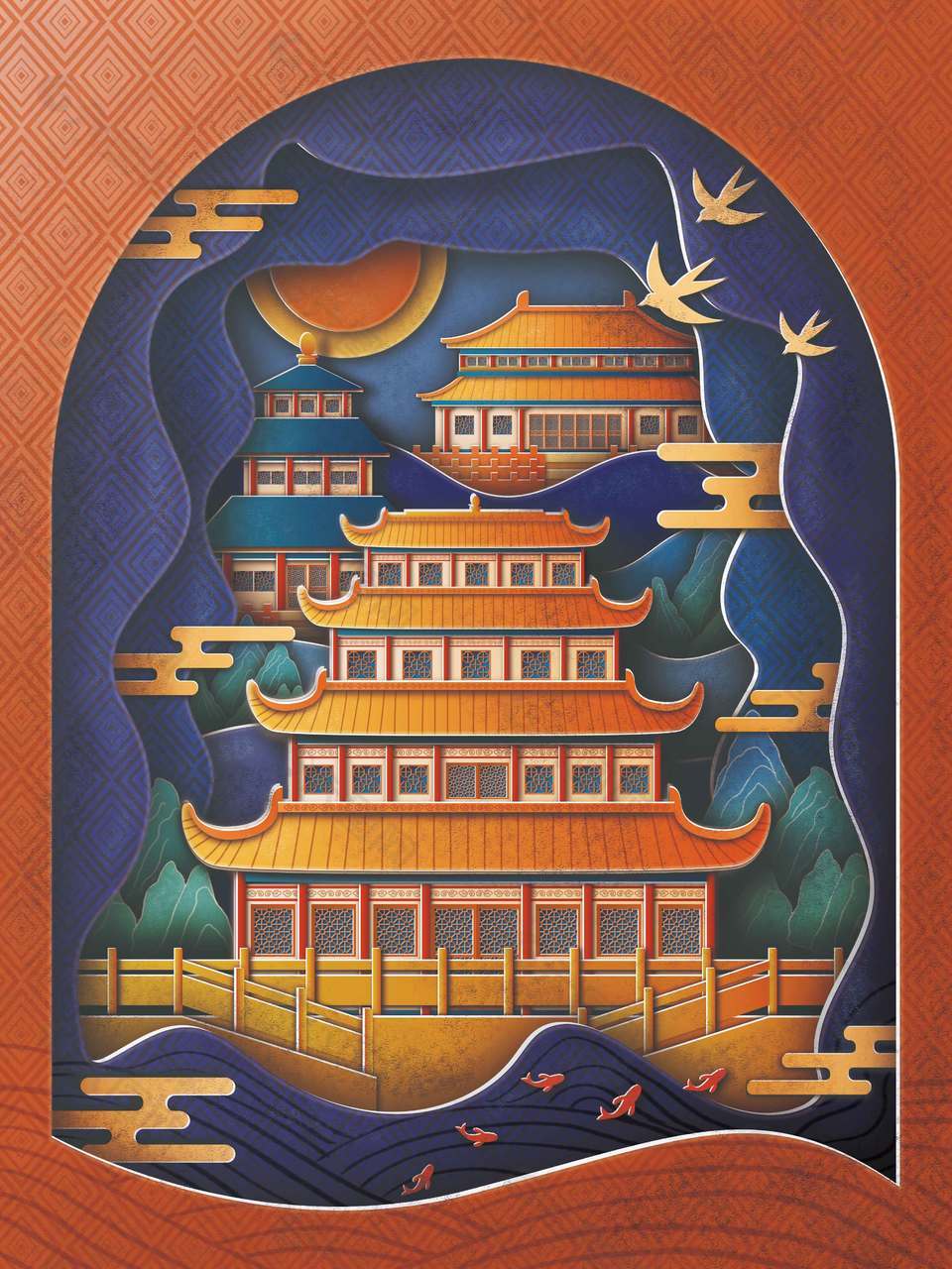 炫彩剪纸风古建筑旅游插画装饰海报