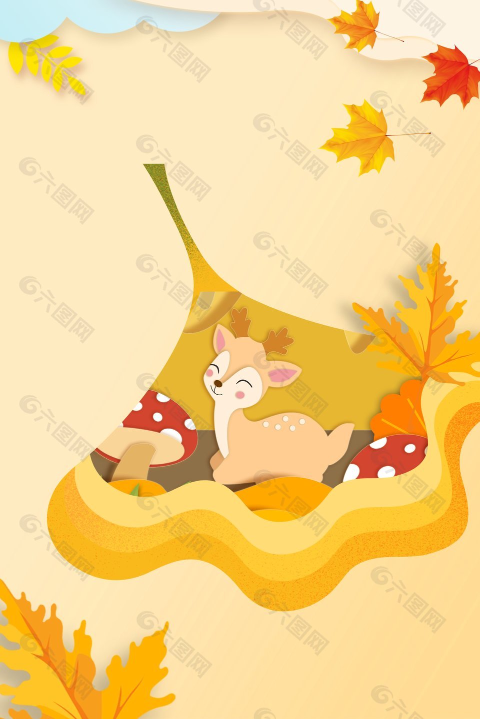 可爱卡通小鹿秋季风景插画