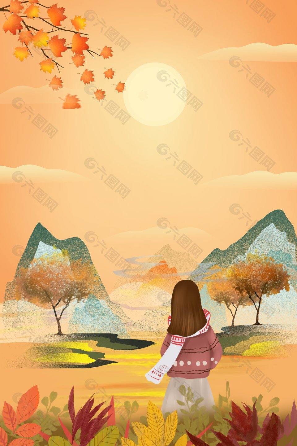 唯美静谧秋季山水风景插画