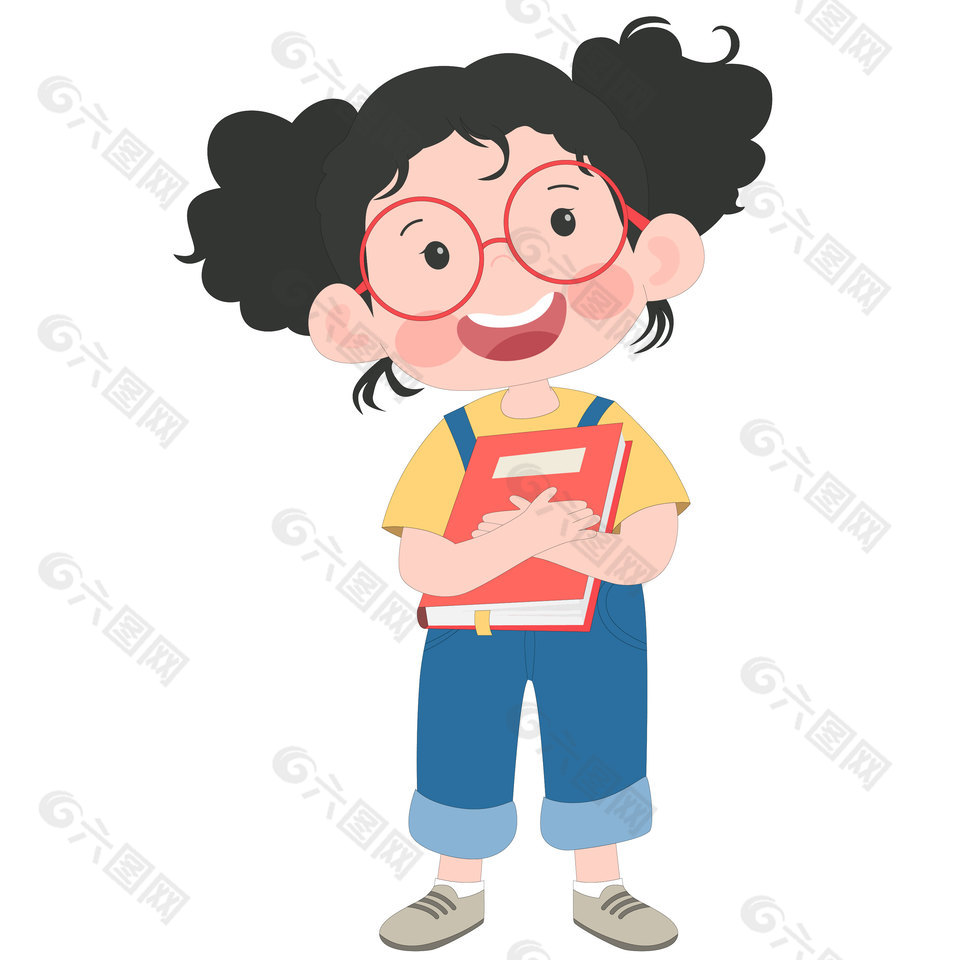 可爱卡通戴眼镜拿书籍穿背带裤的女孩插画