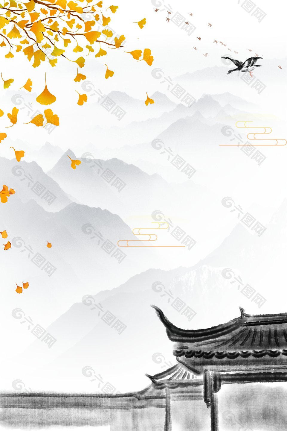 中国风水墨画秋景银杏远山风景插画