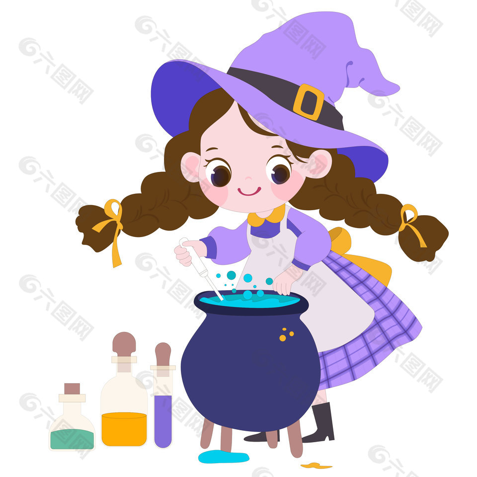 万圣节小女巫做魔法实验可爱卡通插画设计