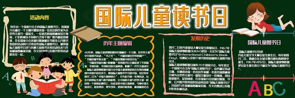 卡通创意国际儿童读书日黑板报