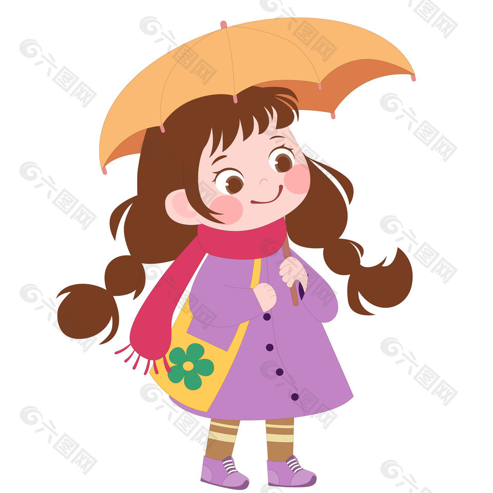 卡通风撑着雨伞的可爱女孩形象插画