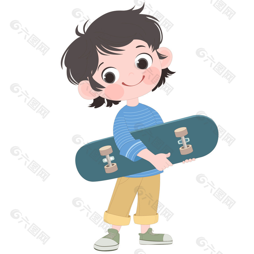 拿着滑板去运动的帅气男孩插画设计